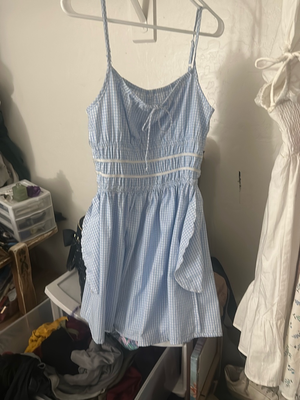 Light Blue Gingham Spaghetti-Strap Dress